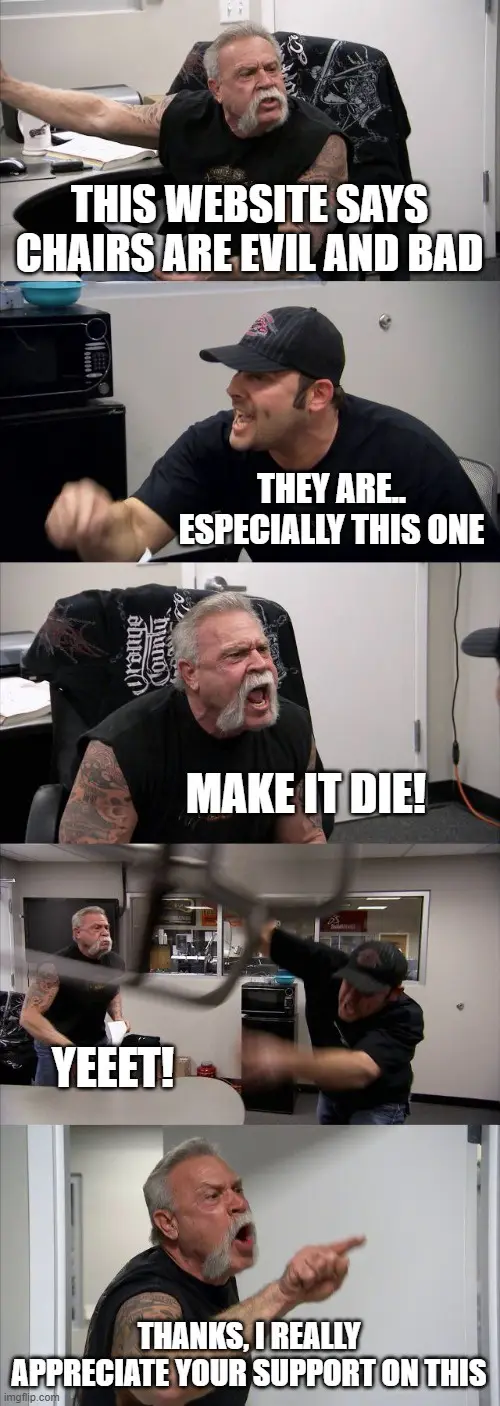 A five-panel meme featuring two men in an office. The first man, with a white beard and tattoos, angrily declares a website…