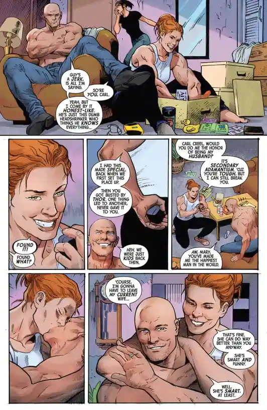A comic panel featuring muscular characters, including a bald man and a red-haired woman, in a domestic setting. The woman…