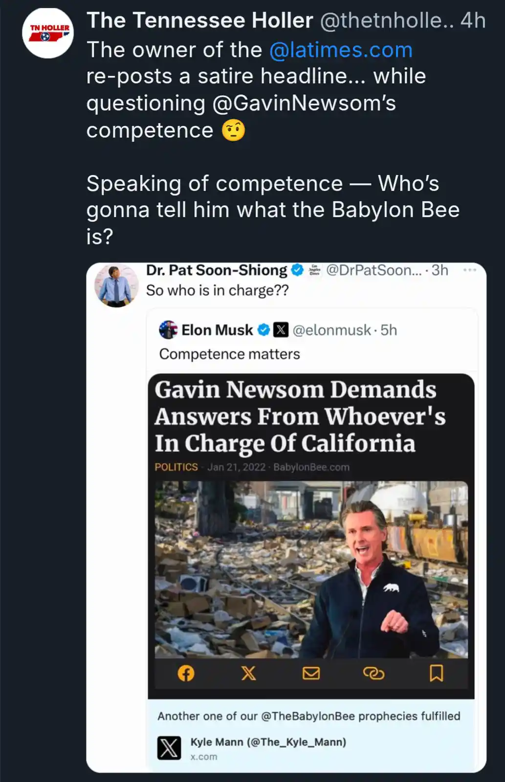 A screenshot of a tweet thread shows a satirical headline from Babylon Bee featuring Gavin Newsom superimposed over a…