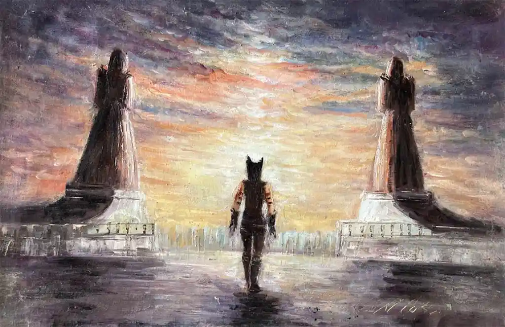 A painting depicts a person in a cat mask walking toward two large statues under a dramatic sky. The overlaid text reads…