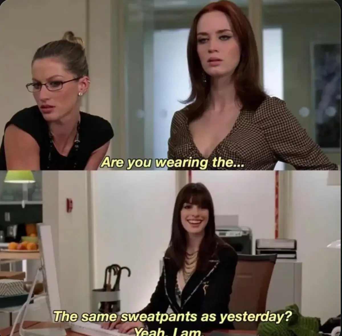 The image is a two-panel meme from the TV show 'The Devil Wears Prada'. In the top panel, two women are shown in an office…