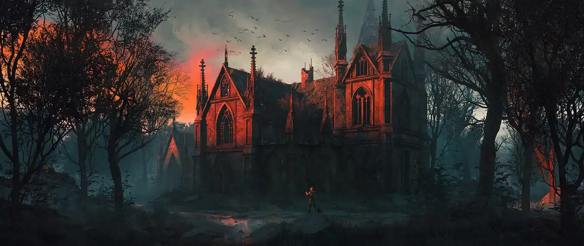 A lone, small figure stands before a large, gothic-style stone church surrounded by dark, bare trees under a twilight sky…
