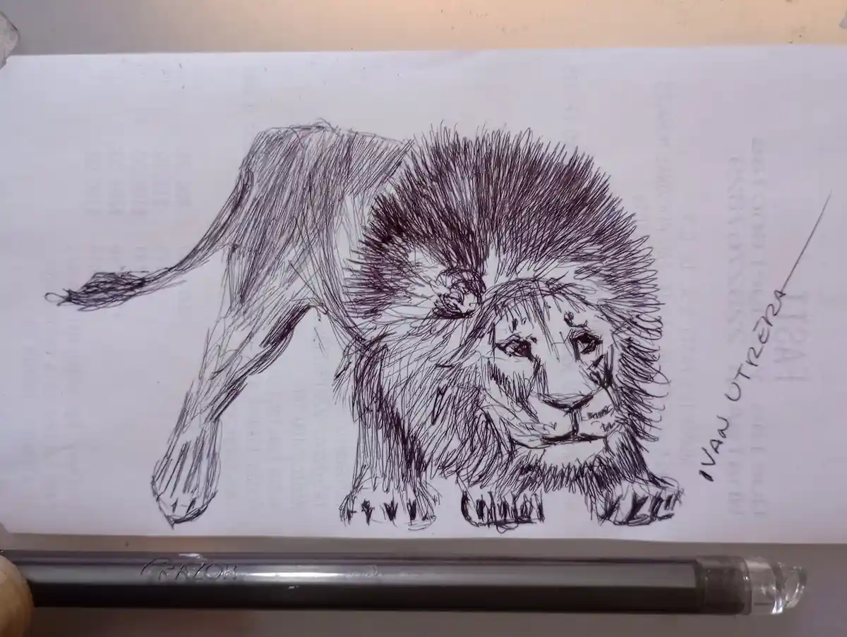 A hand-drawn sketch of a lion in a crouching, aggressive pose is overlaid on a receipt, with a pen resting below. The text…