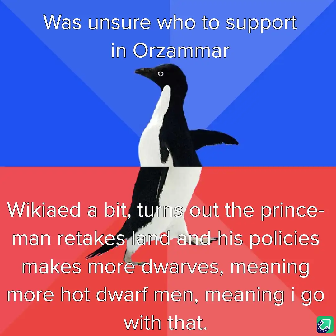 A penguin stands centered against a blue and red background split diagonally. The top text reads 'Was unsure who to support…