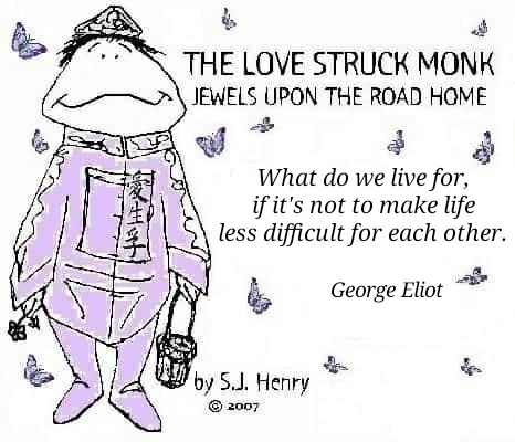 A cartoon drawing of a smiling, frog-like monk in purple robes holding a bucket, surrounded by butterflies. The text reads…