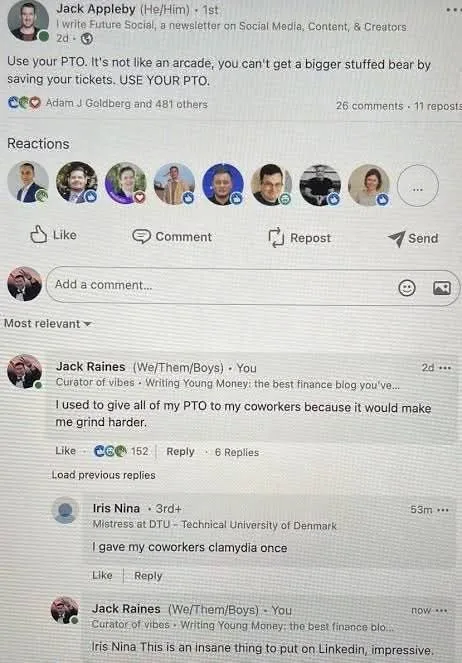 A screenshot of a LinkedIn post by Jack Appleby advising to use your PTO, overlaid with the text 'Use your PTO. It's not…