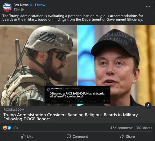A split-screen image shows a bearded soldier in military gear on the left and Elon Musk wearing a 'Make America Great Again'…