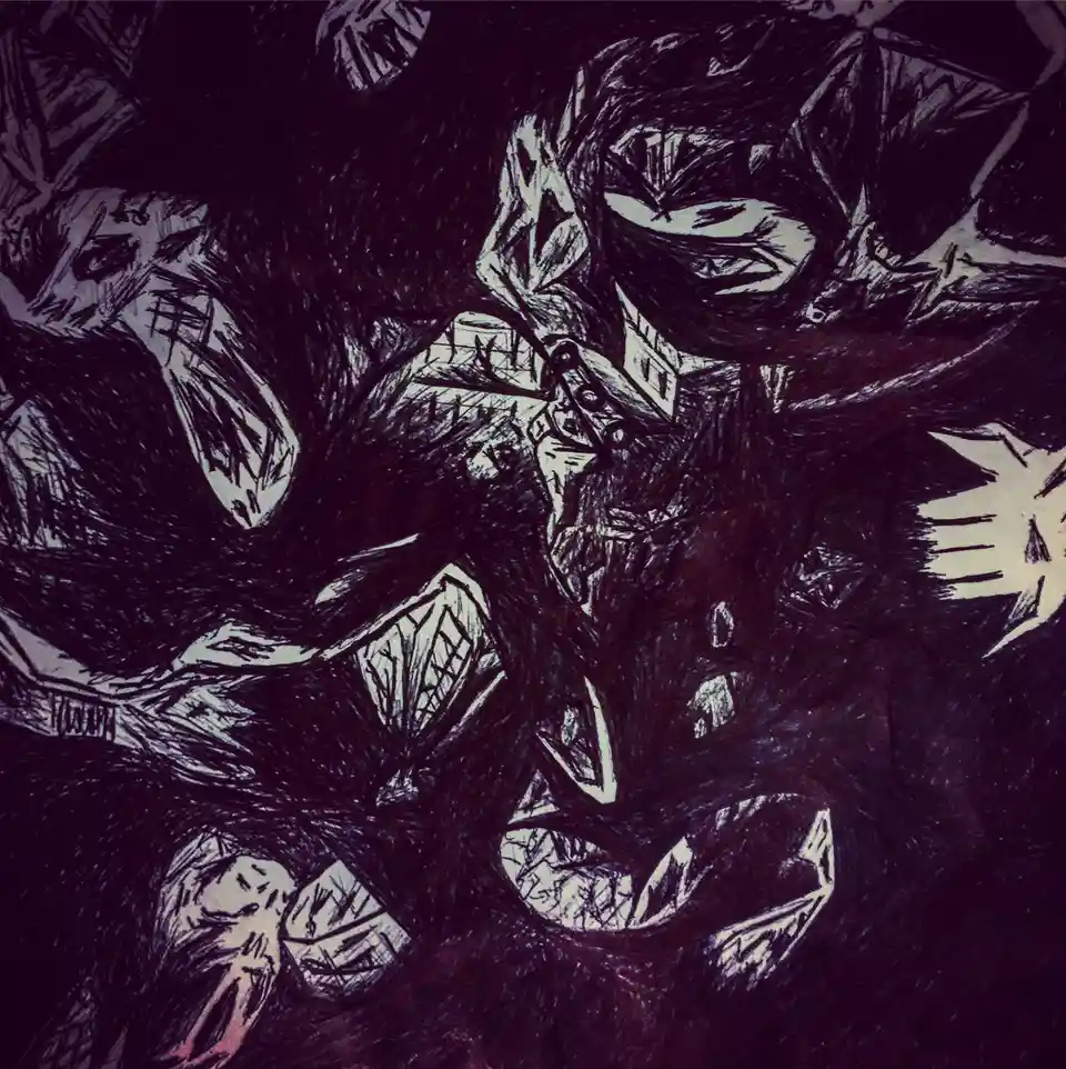 A dark, sketch-style drawing shows a central figure with a menacing, distorted face and sharp teeth, surrounded by multiple…