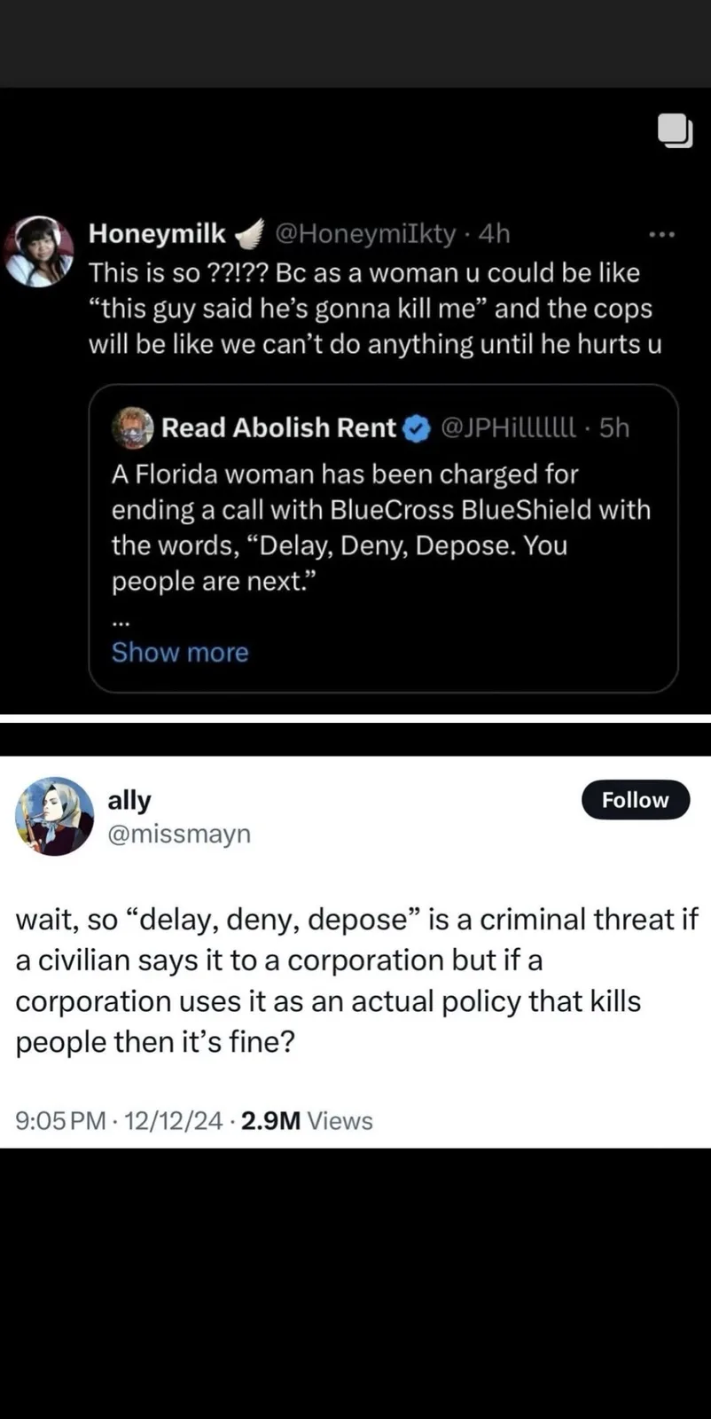 The image displays two Twitter/X posts. The top post by 'Honeymilk' comments on how police often don't intervene until…