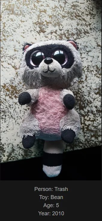 A close-up photo of a plush raccoon toy with large, shiny eyes, gray and black fur, and a pink belly, hanging against a…