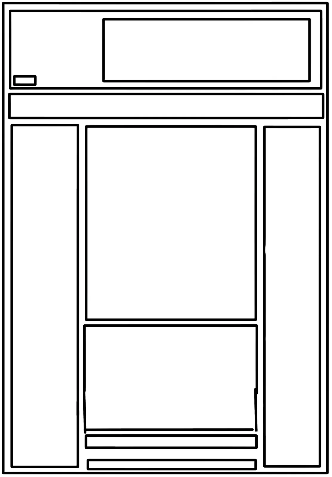 A minimalist black-and-white line drawing depicts a newspaper layout with multiple rectangular placeholders for articles and…