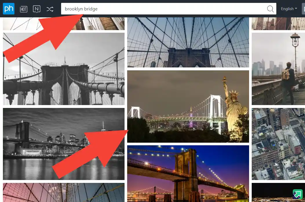 A screenshot of a photo search engine results page for 'brooklyn bridge' shows multiple images of the actual Brooklyn Bridge…