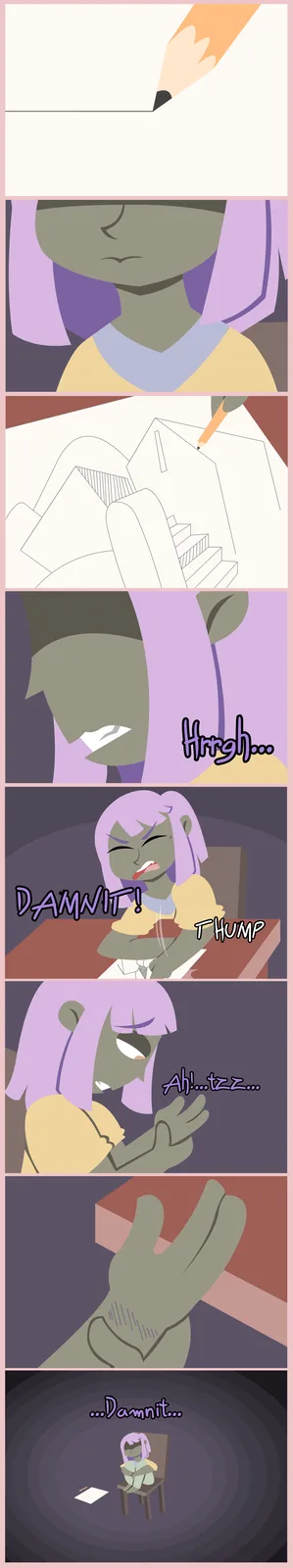 A comic strip shows a purple-haired, green-skinned character drawing a building with a pencil, then angrily slams their…