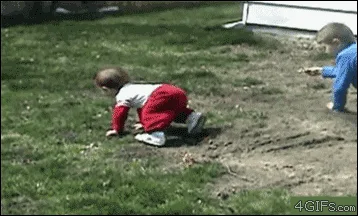 A sequence of six frames shows a toddler in red pants crawling on grass while a larger child in blue clothes watches. A…