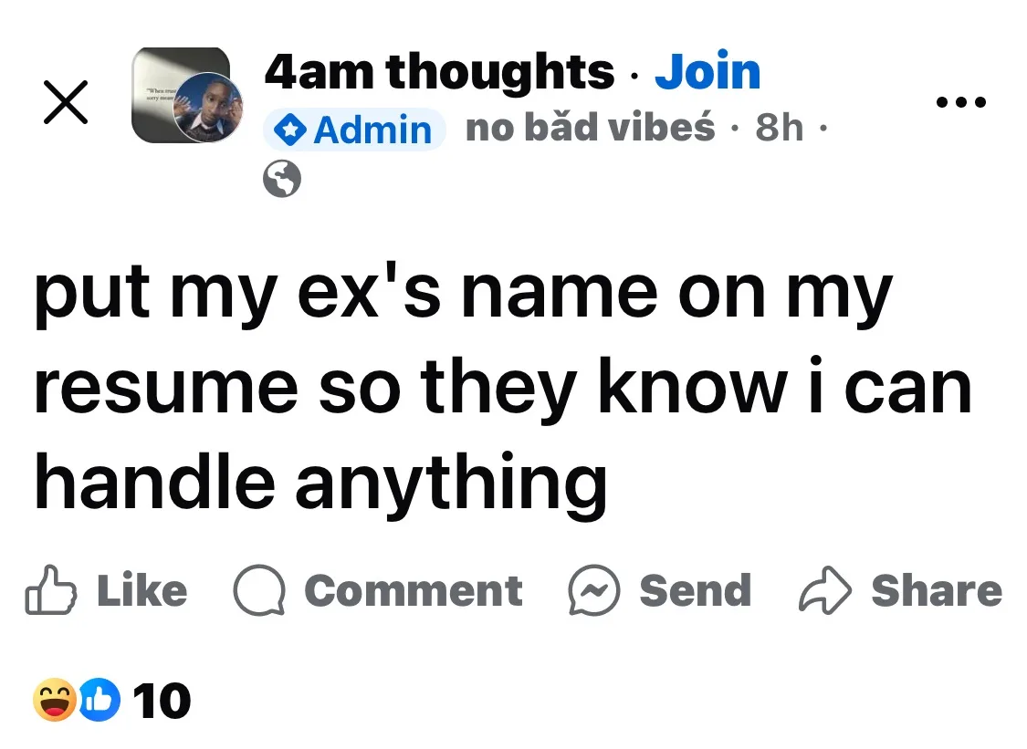 A screenshot of a Facebook post from a group called '4am thoughts' shows a user named 'no băd vibeś' posting the text 'put…