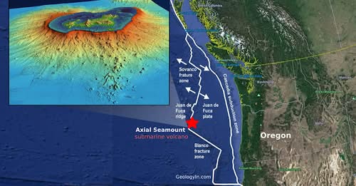 A geological map shows the Axial Seamount submarine volcano in the Pacific Ocean, with inset topography and labeled tectonic…