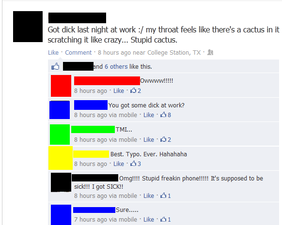 A screenshot of a Facebook comment thread where the original poster says they got 'dick' at work and their throat feels like…