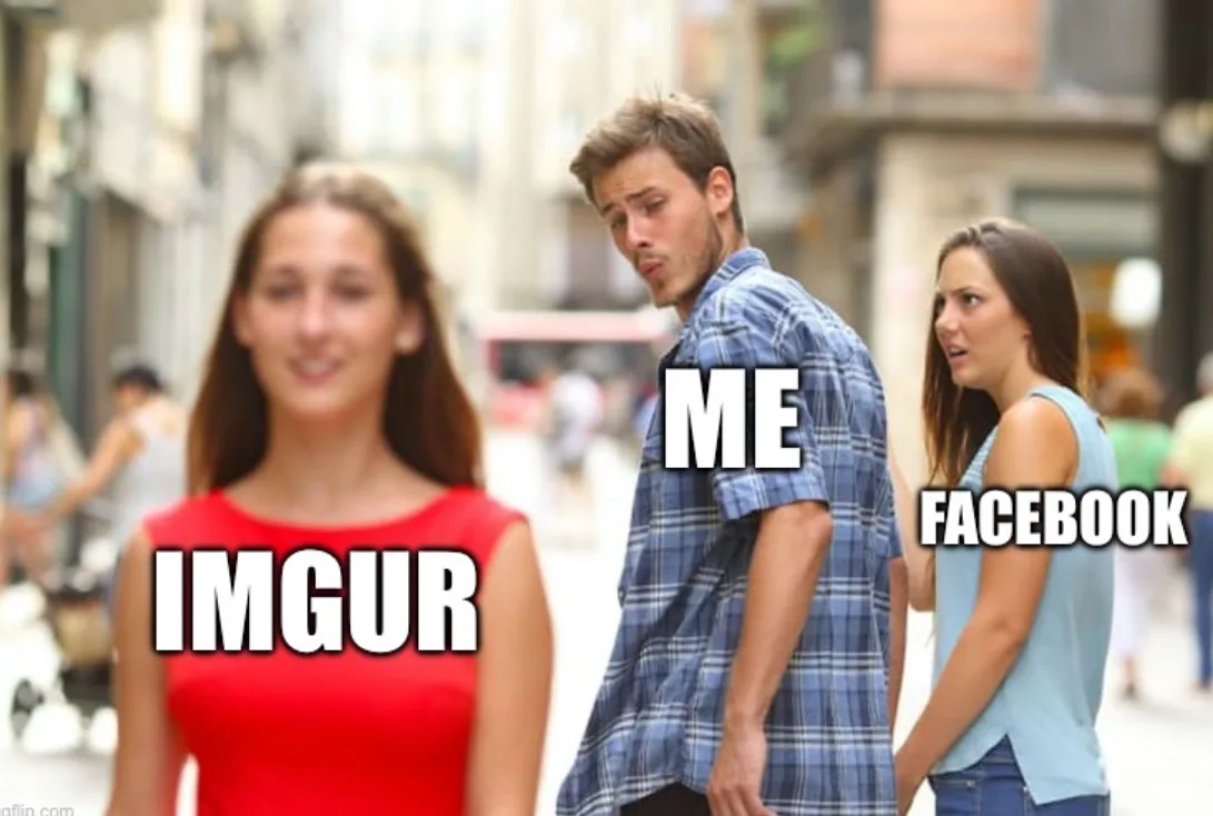 A man in a plaid shirt stands on a street, turning his head away from a blurred woman labeled 'IMGUR' and looking toward a…