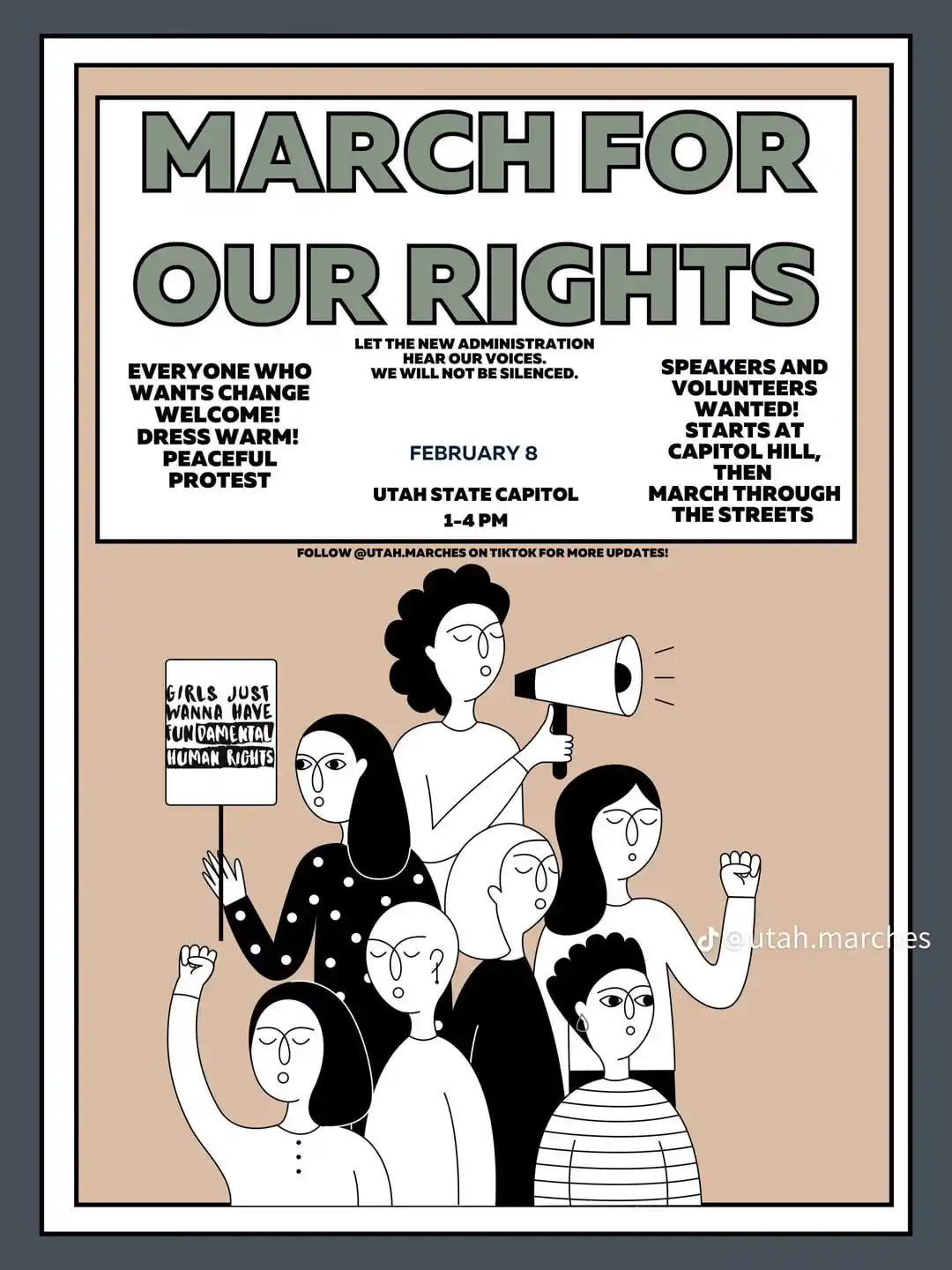 A poster for a 'March for Our Rights' protest in Utah on February 8, featuring a group of stylized women holding signs and a…