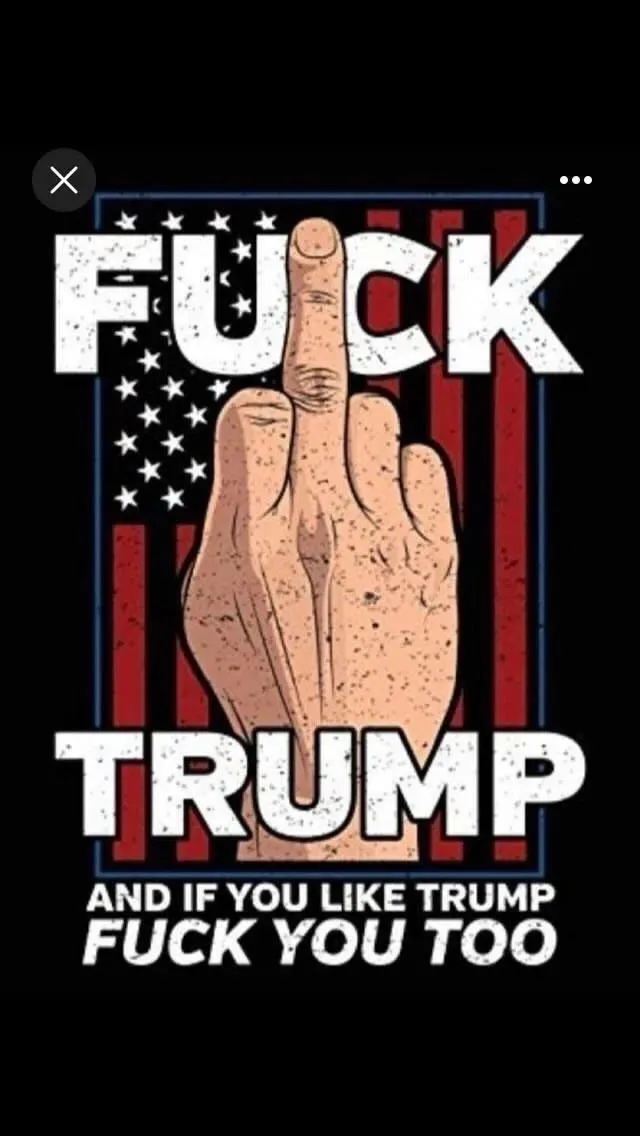 A graphic image shows a hand giving the middle finger, centered over a stylized American flag background with stars and…