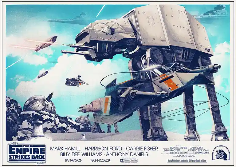 This is a stylized, vintage movie poster for 'Star Wars: The Empire Strikes Back,' featuring large AT-AT walkers dominating…