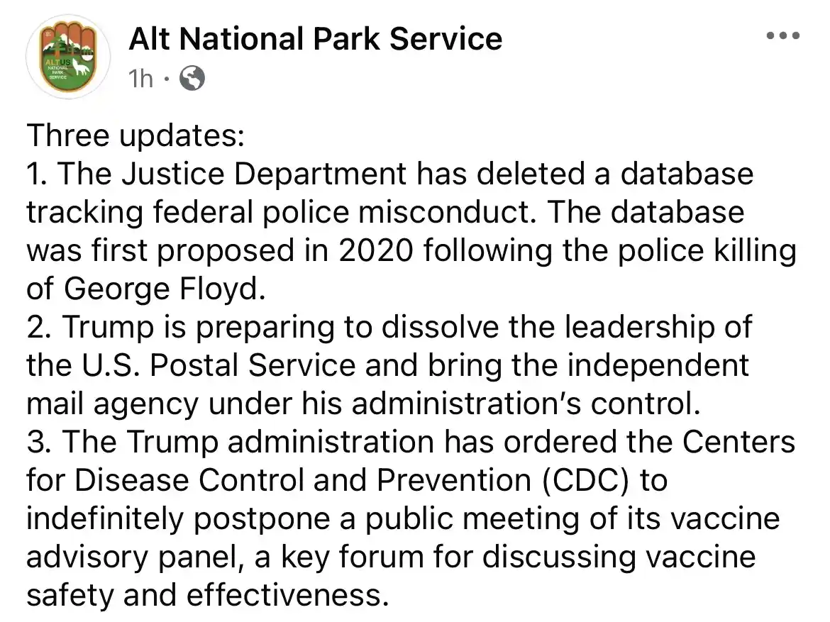 A screenshot of a Facebook post from 'Alt National Park Service' listing three updates about government actions: deleting a…