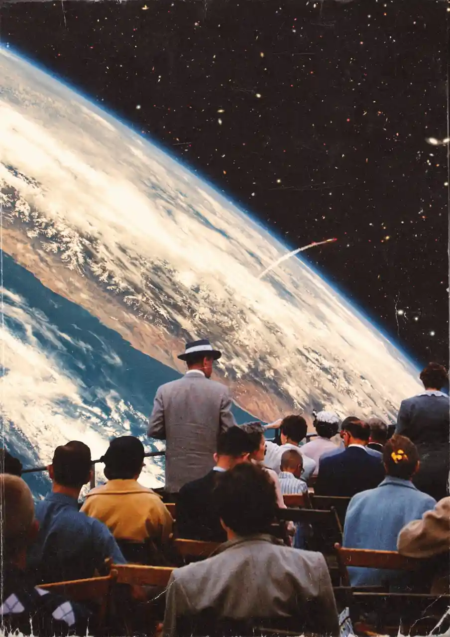 A vintage photo shows a crowd of people in mid-20th century clothing seated and standing on a viewing platform, looking out…