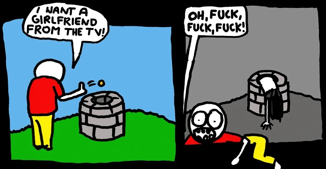 A two-panel comic strip shows a man in a red shirt and yellow pants throwing a coin into a stone well, exclaiming 'I WANT A…
