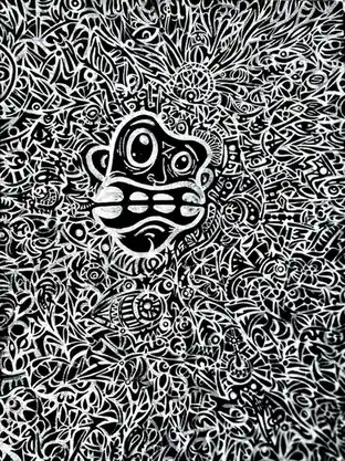 A black and white intricate line art image features a stylized, cartoonish face with large eyes and a wide mouth at the…