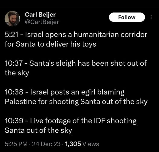A screenshot of a Twitter post by Carl Beijer showing a satirical timeline of events involving Santa, Israel, and Palestine…