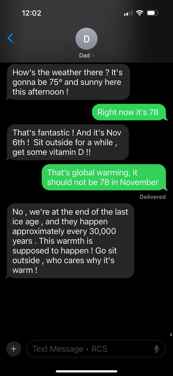 A screenshot of a text message conversation between a child and their dad about the weather. The dad asks how the weather…