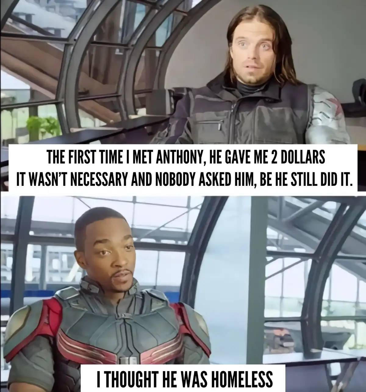 The image is a two-panel meme featuring actor Sebastian Stan as Bucky Barnes looking surprised, with text saying 'THE FIRST…