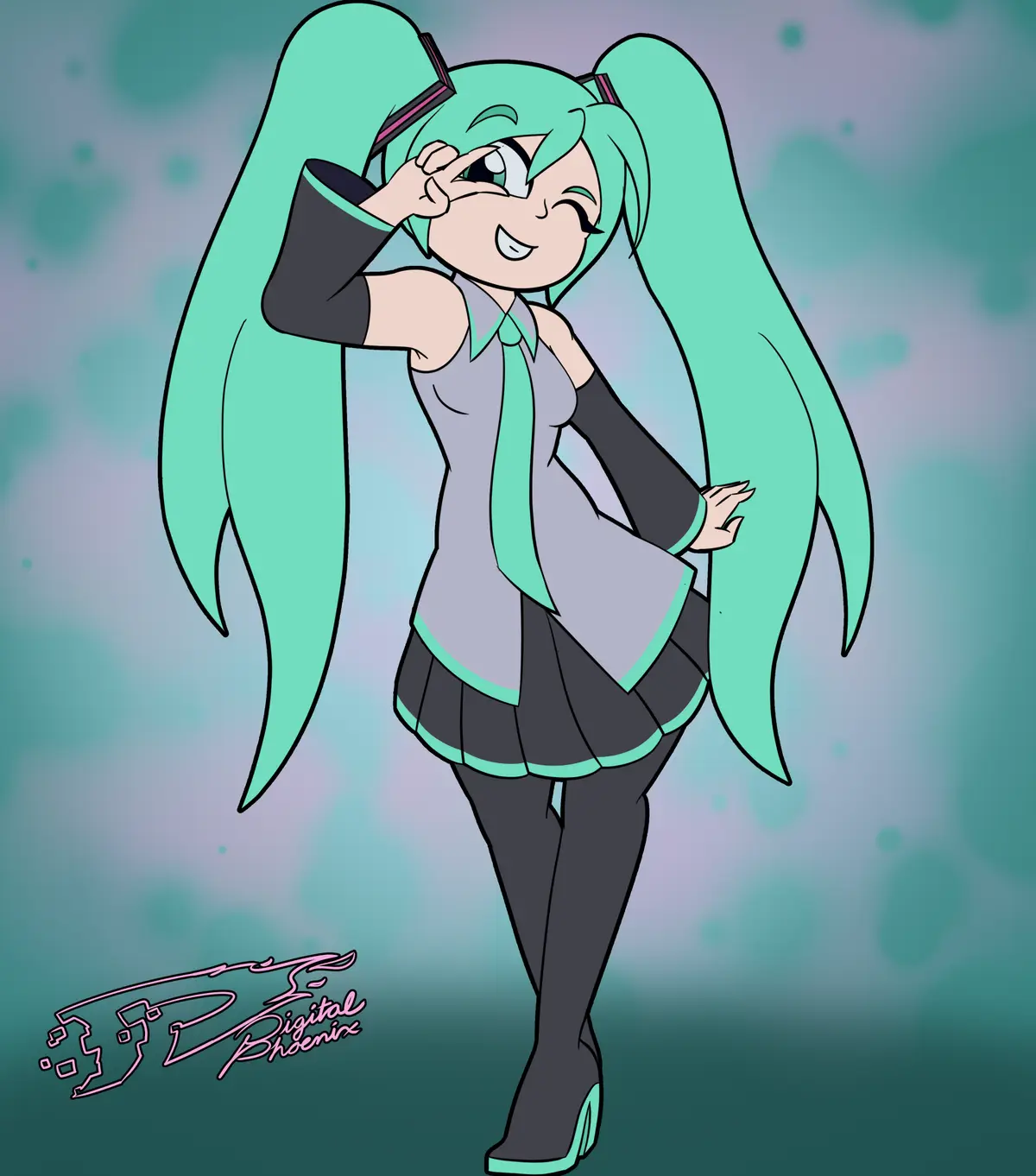 An anime-style illustration of the virtual singer Hatsune Miku, recognizable by her turquoise twin-tails and signature…