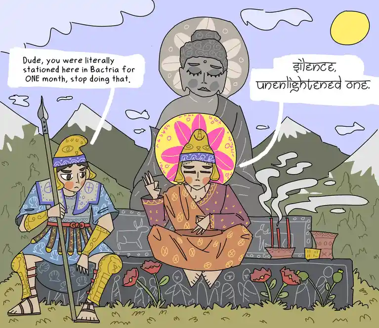 A cartoon depicts a soldier in Bactrian armor holding a spear, complaining to a meditating figure in a colorful headdress…