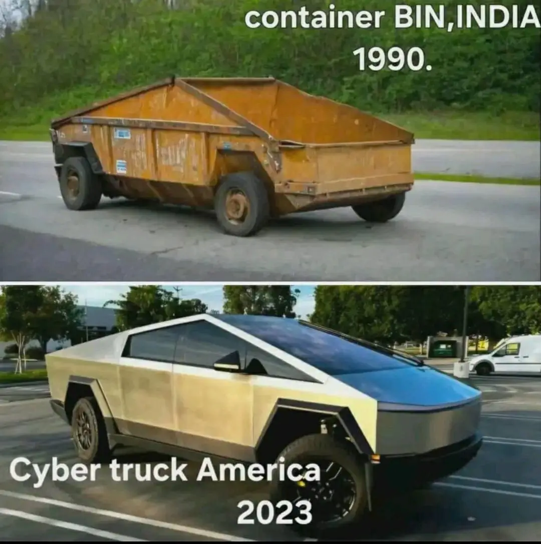 The image displays two vehicles side-by-side: the top panel shows a rusty, boxy, orange container-like truck labeled…