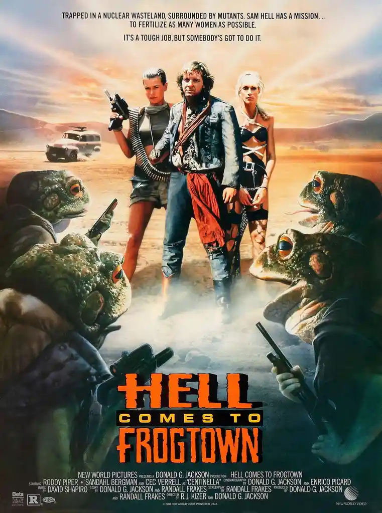 This is a movie poster for 'Hell Comes to Frogtown,' featuring three humans standing in a desert wasteland with giant mutant…