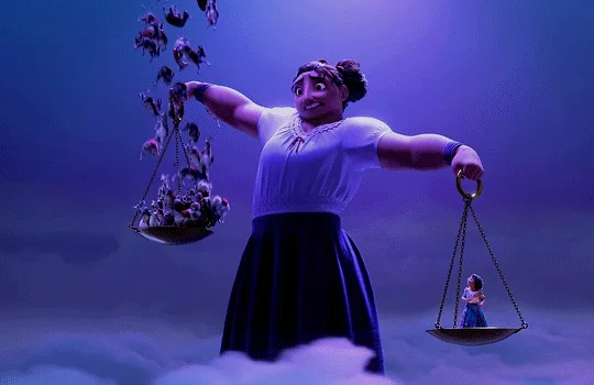 A woman stands on clouds holding a balance scale; one side has a small child, the other side is overflowing with flowers and…