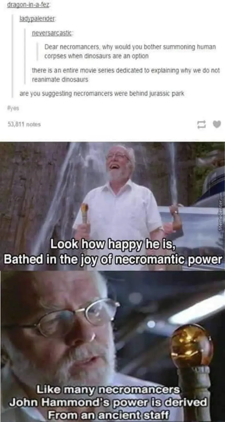 The image is a two-panel meme featuring actor Richard Dreyfuss as John Hammond from Jurassic Park. The top panel shows him…