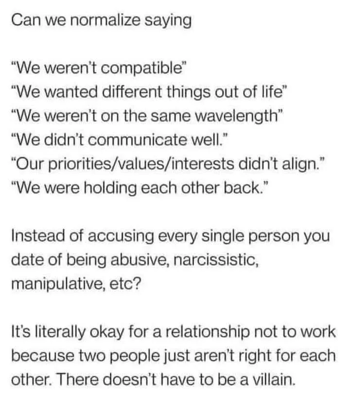 A white background image with black text listing common non-blaming reasons for relationship breakups, followed by a call to…