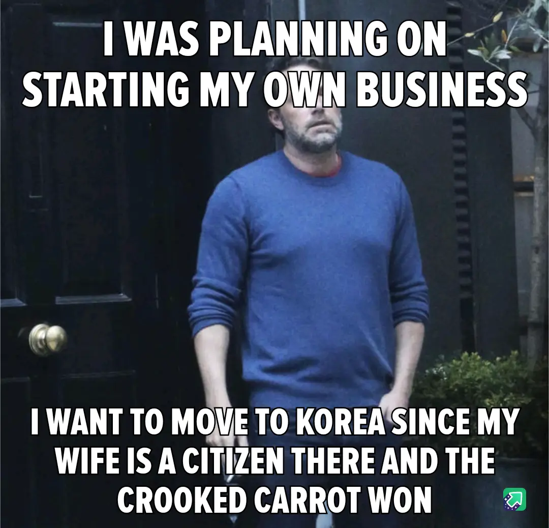 A man in a blue sweater stands in front of a dark door with a gold doorknob, looking downcast. The overlaid text reads: 'I…