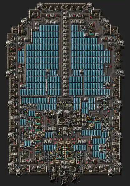 A top-down view of a complex, densely packed base from the game Factorio, featuring numerous blue conveyor belts, machines…