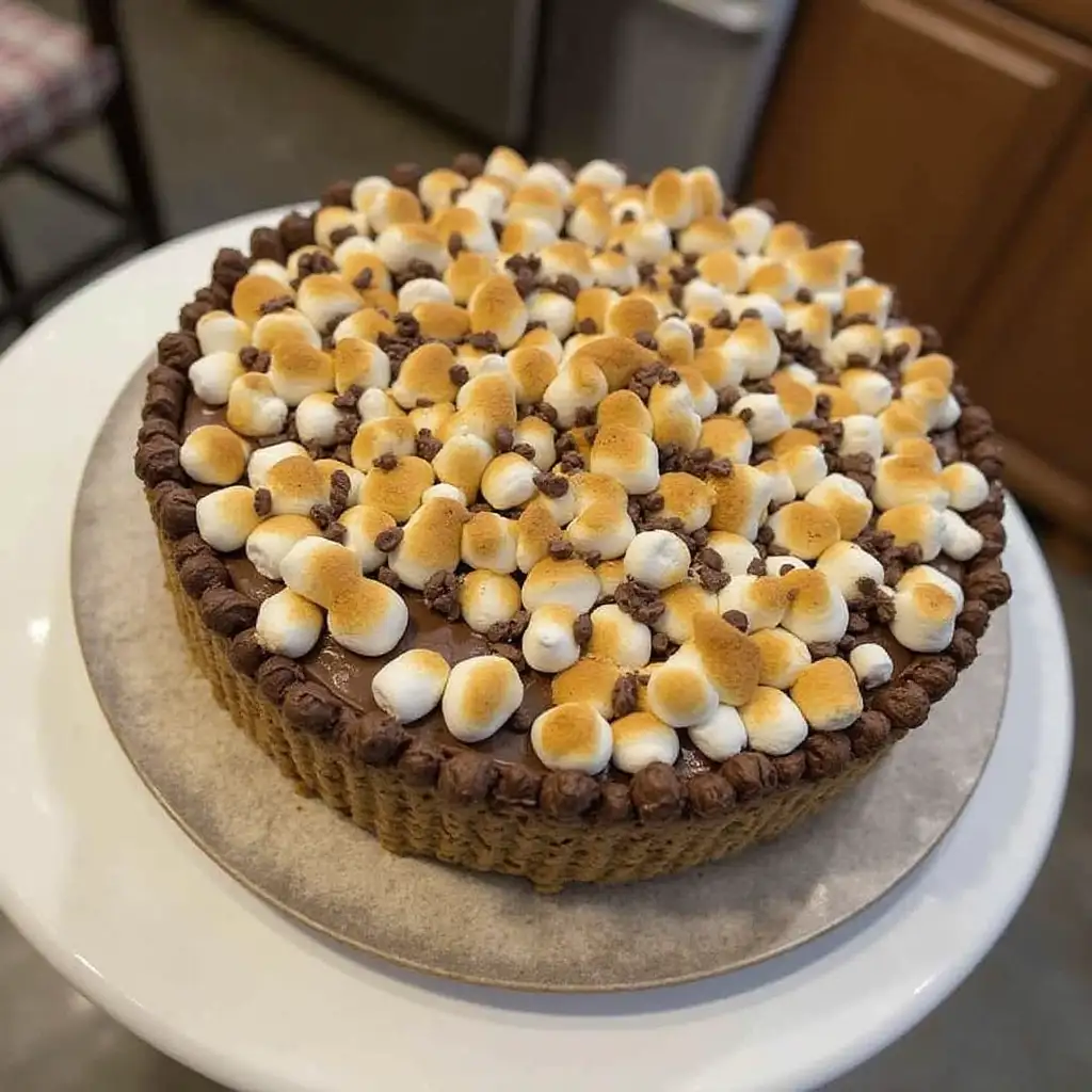 A round cake with a graham cracker crust, chocolate filling, and a top covered in toasted marshmallows and chocolate chips…