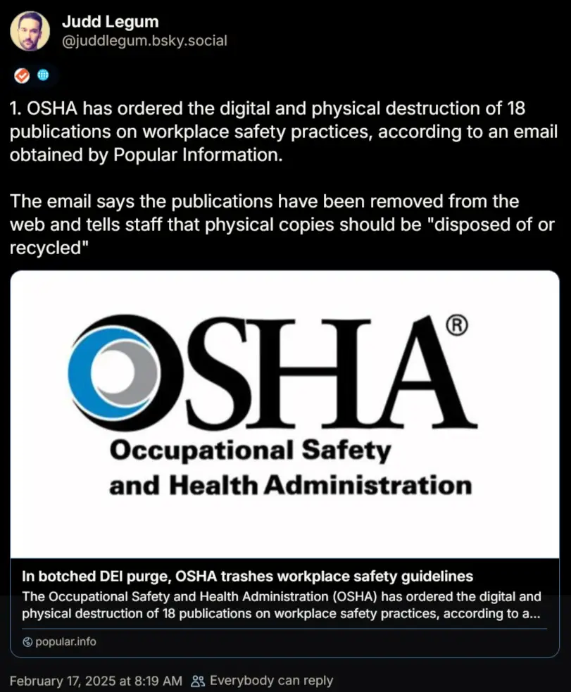 A screenshot of a social media post by Judd Legum showing an OSHA logo and text about the agency ordering the destruction of…