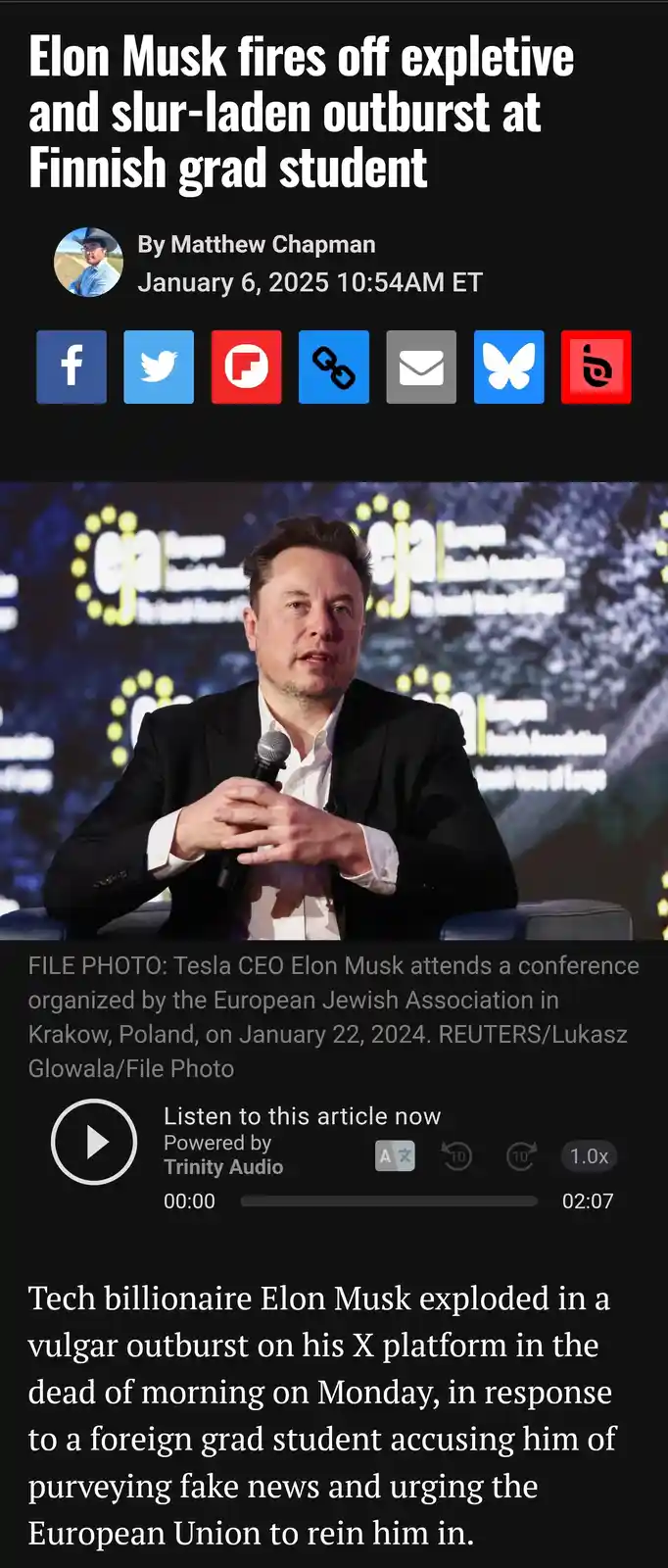 A screenshot of a fake news article with a headline claiming Elon Musk had an expletive-filled outburst at a Finnish grad…