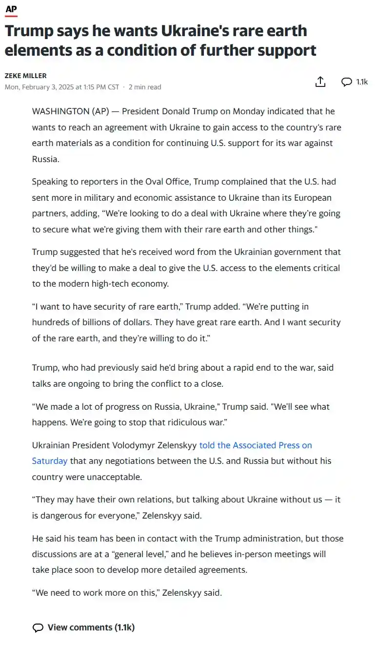 The image displays a screenshot of an Associated Press news article dated February 3, 2025, reporting that President Donald…