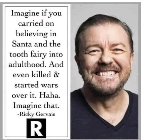 A split image shows a smiling man with a beard on the right, and on the left, a block of text attributed to Ricky Gervais…