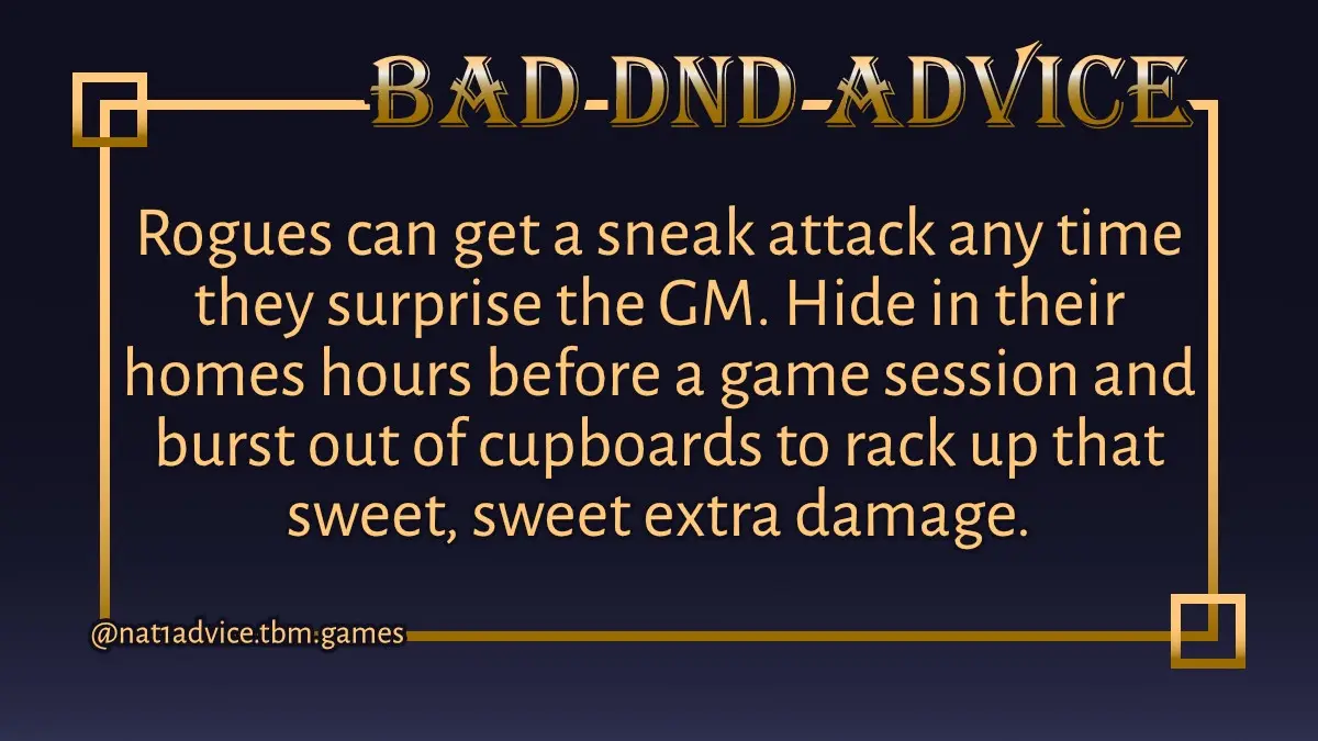 A dark blue background with gold text and decorative borders. The title reads 'BAD-DND-ADVICE' in a stylized font. Below…