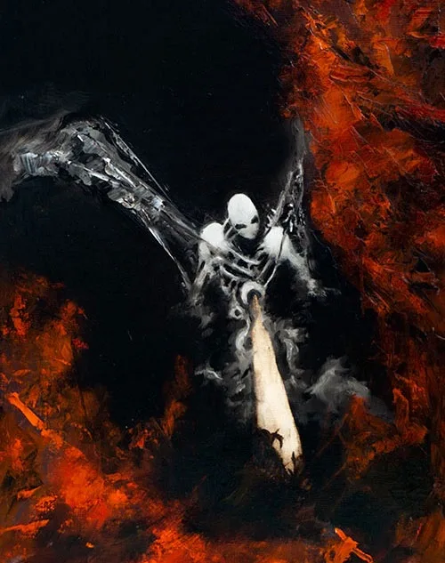 A dark, painterly image shows a skeletal, winged figure resembling a grim reaper or angel, standing amidst swirling red and…