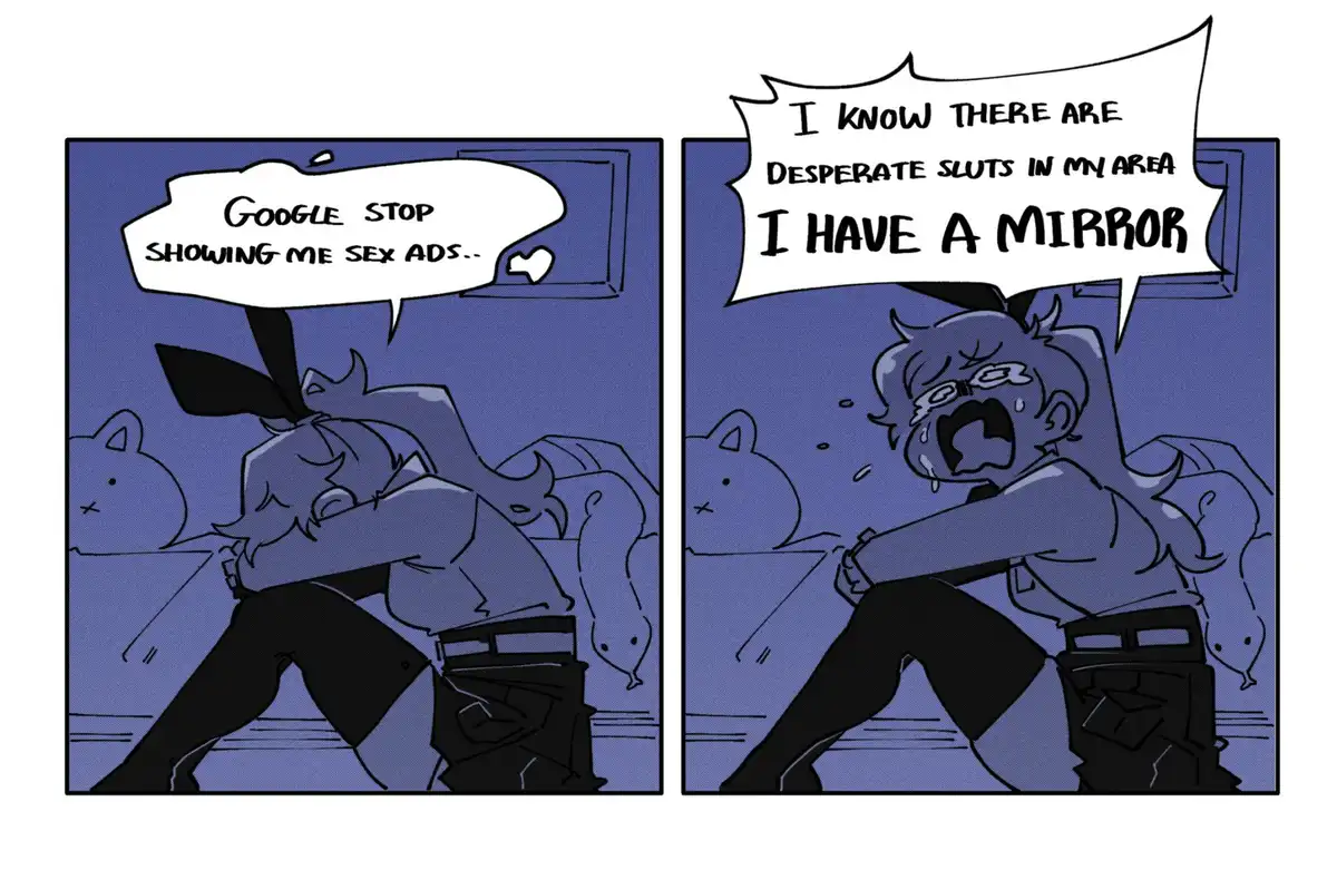 A two-panel comic shows a person in a dark room pleading with Google to stop showing them sex ads. In the second panel, they…