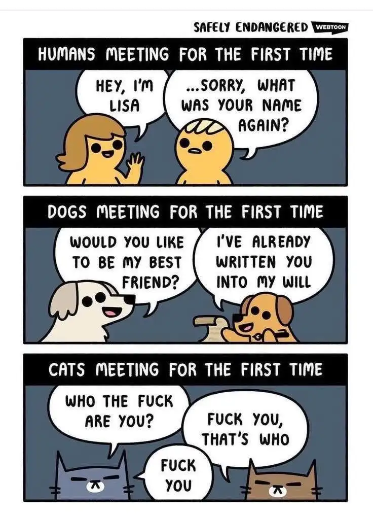 A three-panel comic strip from 'Safely Endangered' shows humans, dogs, and cats meeting for the first time. Humans awkwardly…
